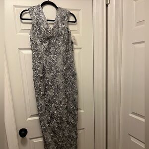 Flower embroidered floral silver shin length dress